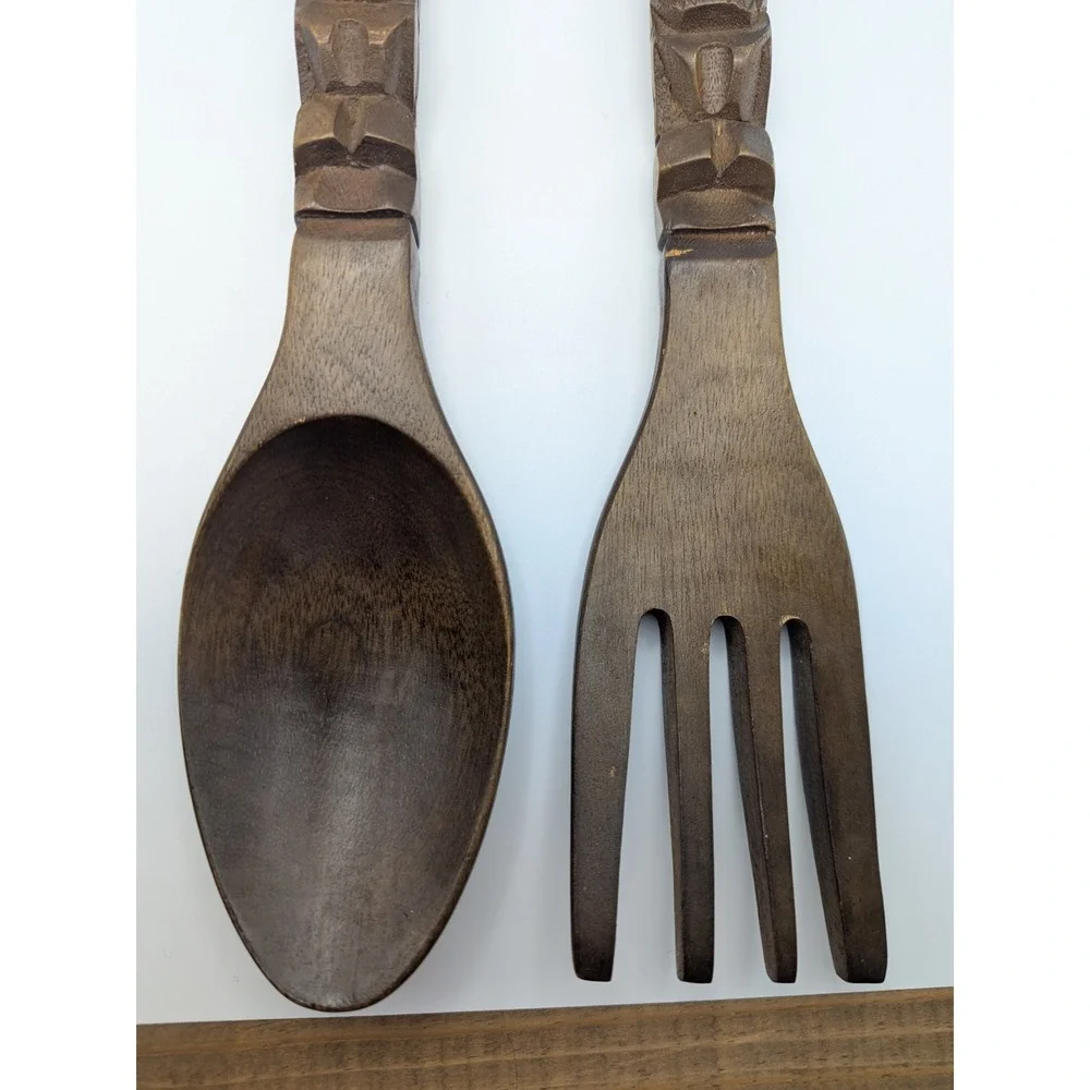 Vintage Tiki Wood Spoon and Fork Set Wall Decor Hawaiian Islands Kitchen Utensil